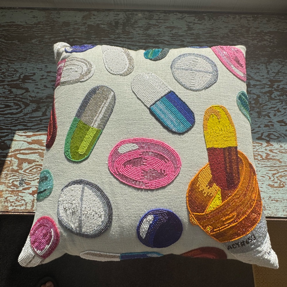 Jonathan Adler Beaded Decorative Pillow - Happy Pills style pillow ( 20"square )